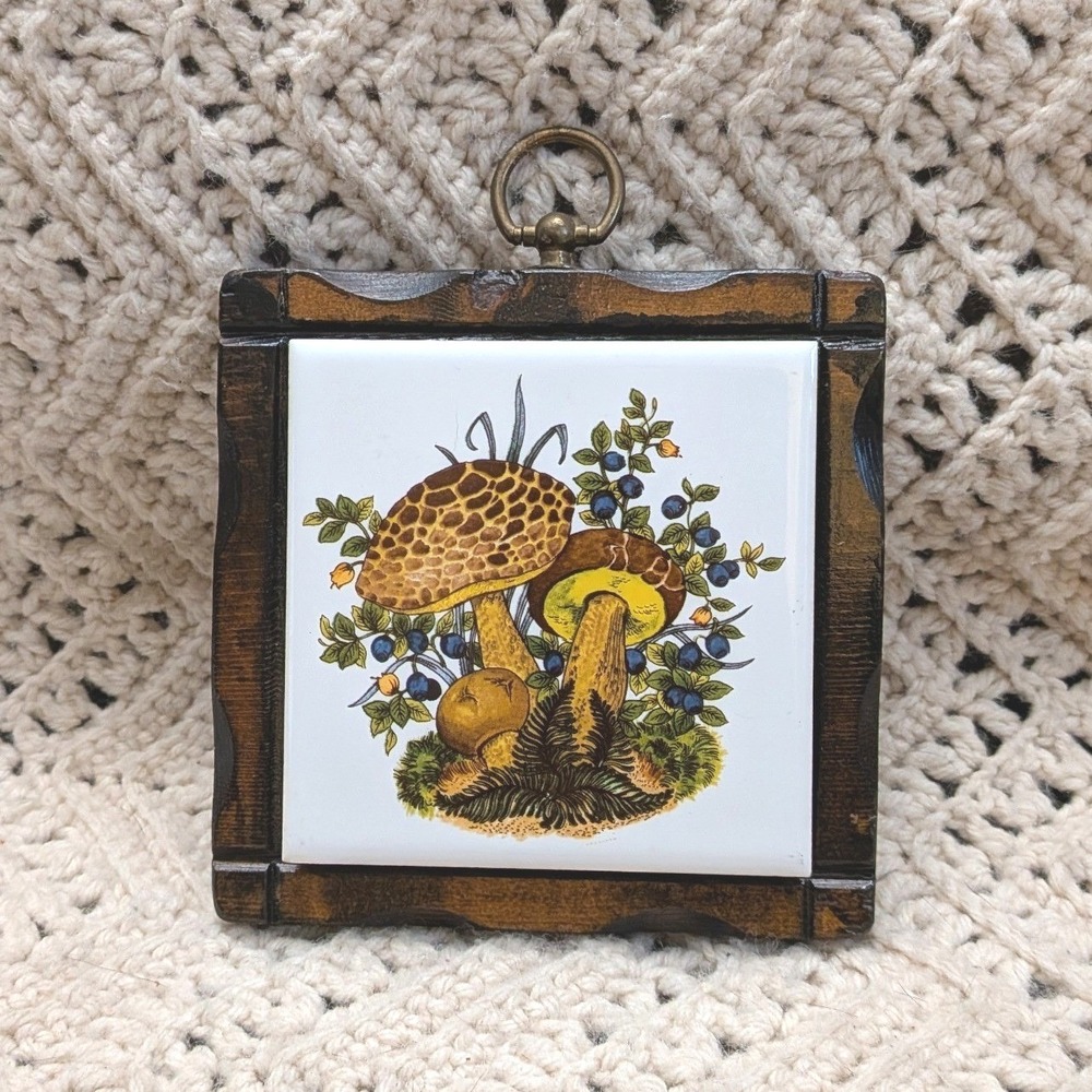 Vintage Jerry Schultz Mushroom Ceramic Tile Wood Framed Wall Hanging Cottagecore